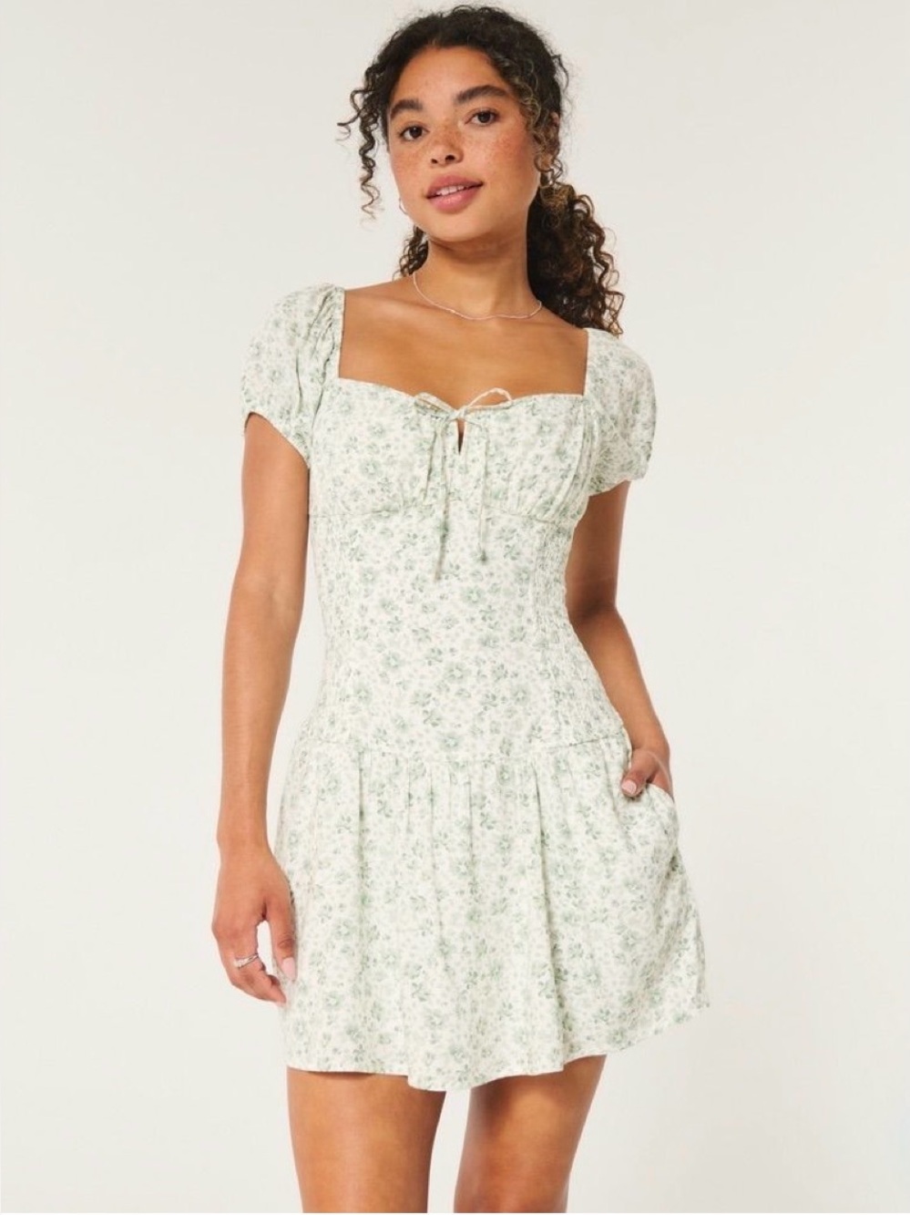 Hollister Sofia Floral Bubble Skort Dress Sage Green Puff Sleeve Cottagecore - M